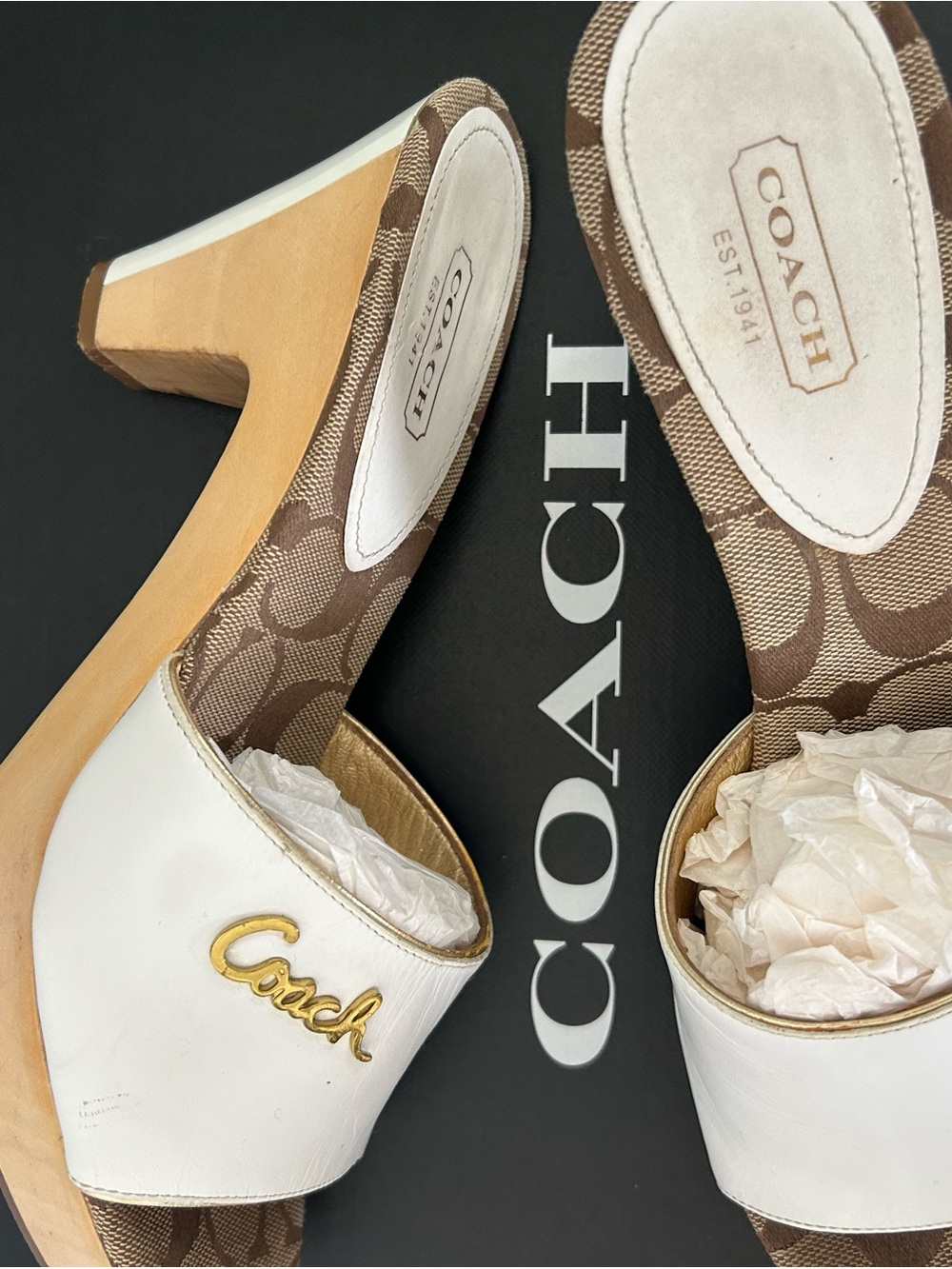 Coach White Leather and Brown Signature Logo Block Heel Mules